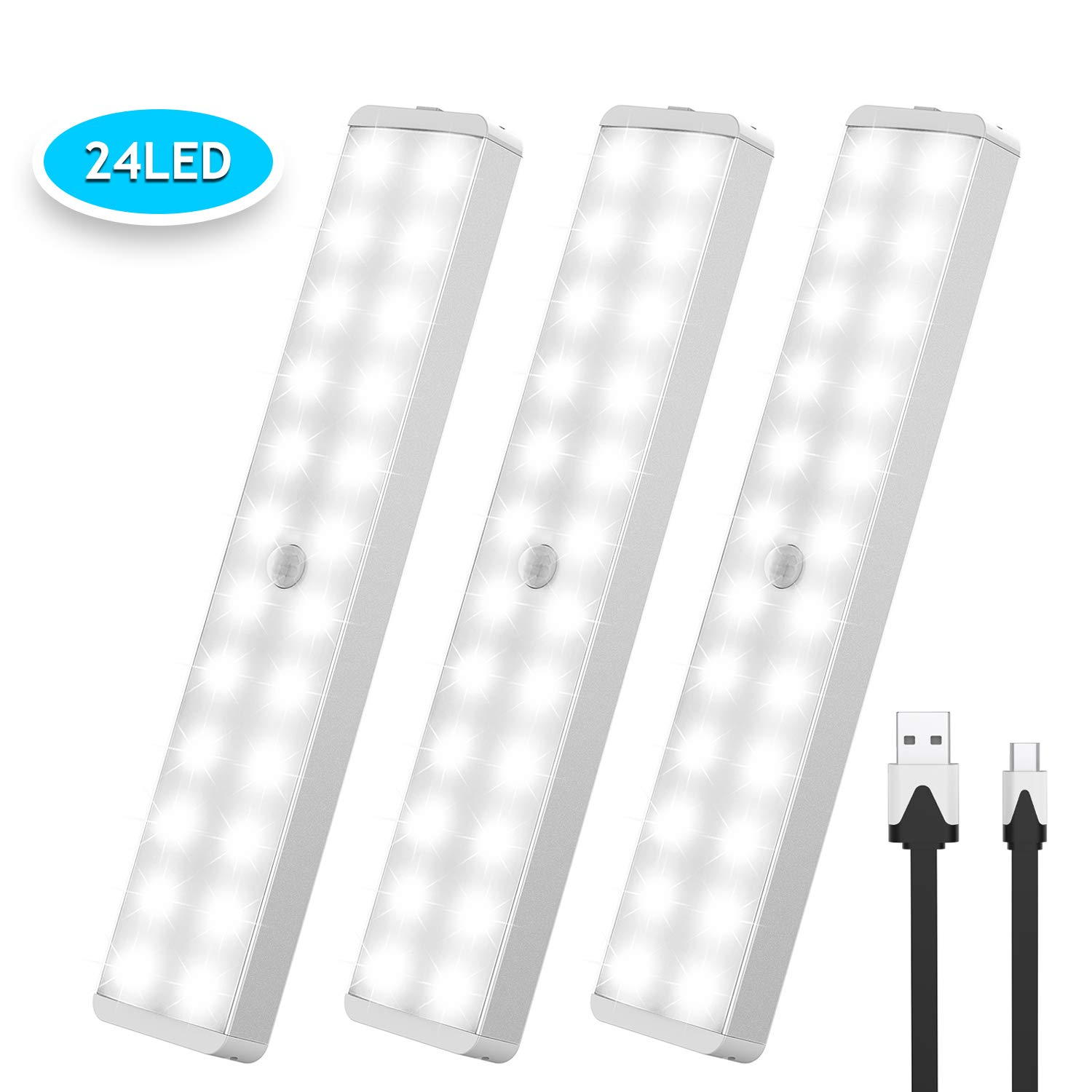 Motion Sensor Light, CSHID-US 24-LED Rechargeable Battery Closet Light Wireless Under Cabinet Lighting Portable Nightlight for Hallway Stairway Wardrobe Garage (2 Sensor Modes) 3 Pack