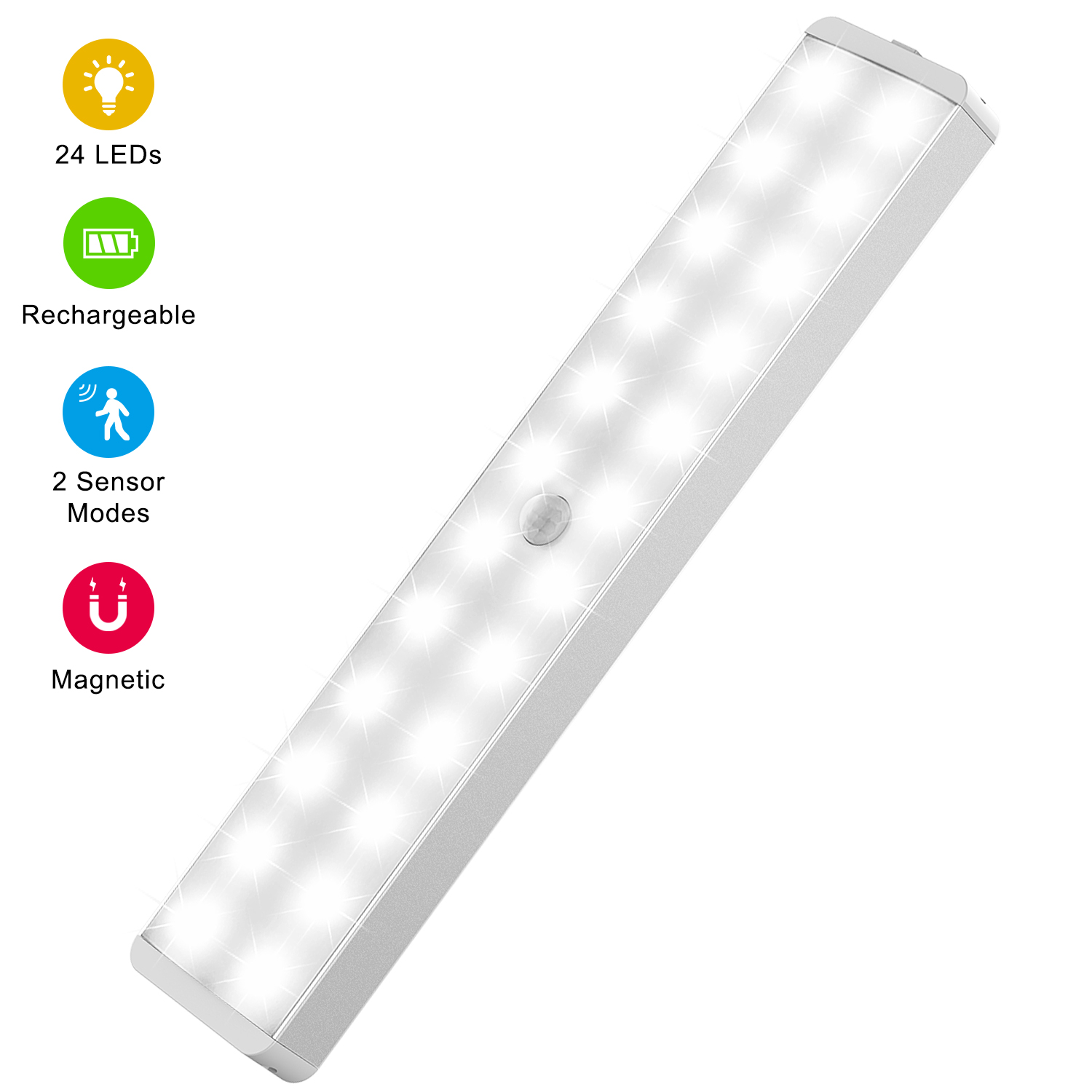 LED Closet Light, 24-LED Rechargeable Motion Sensor Closet Light Wireless Under Cabinet Light Stick on Night Light Bar for Closet Hallway Cabinet Stairway Wardrobe Kitchen 2 Sensor Modes